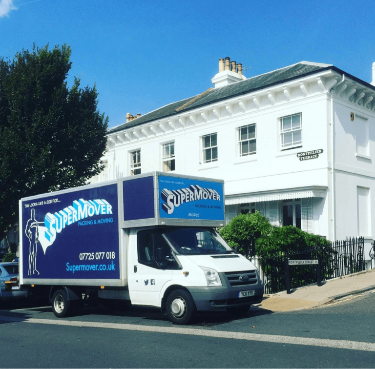 Supermover removals van parked outside a white townhouse on Montpelier Terrace